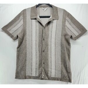 The Commons Mens Knit Button Down Shirt Taupe Cream Stripe Pointelle Large